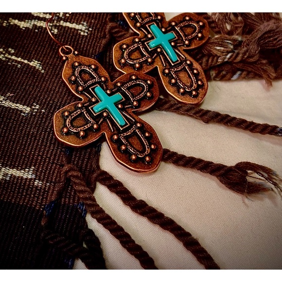 ⚙️3For$30⚙️ NEW Turquoise Copper-tone Cross Western Earrings - Picture 6 of 6